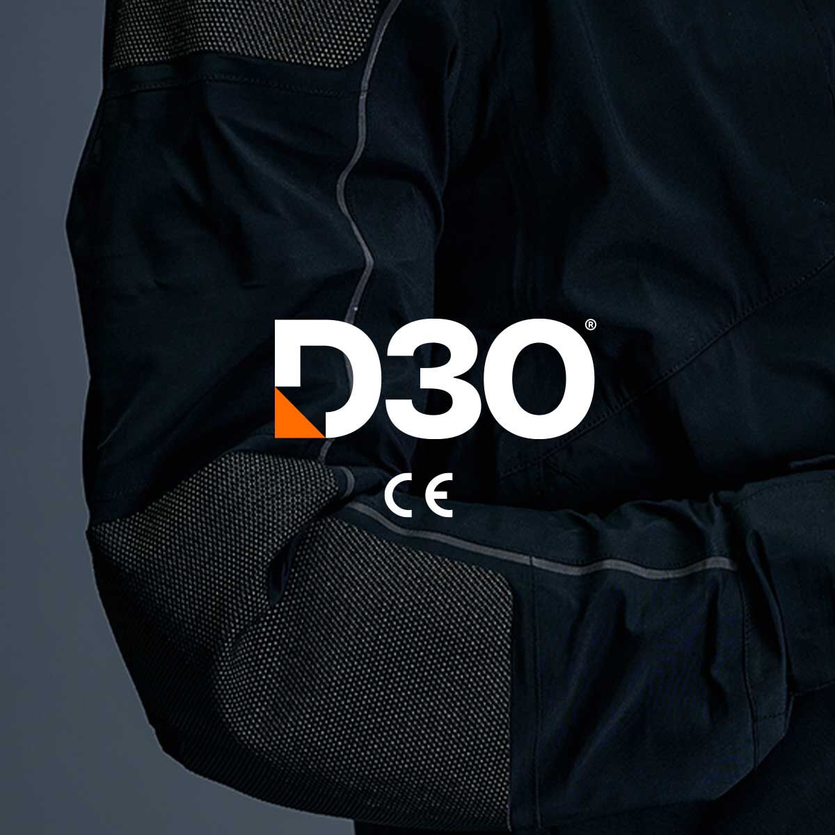 A close-up of the elbow area on a black adventure jacket, featuring the D3O logo. A close-up of the elbow area on a black adventure jacket, featuring the D3O logo.